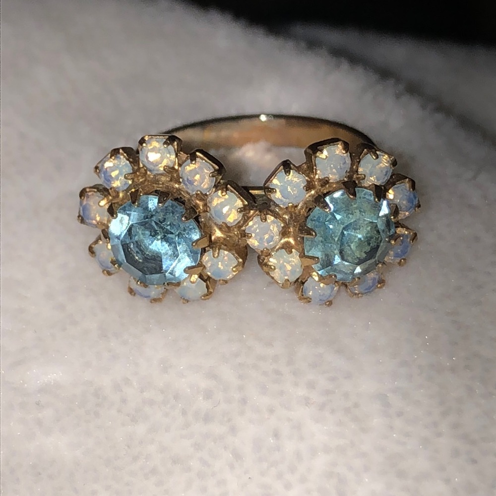 Vintage Gold Two-Stone Blue Zircon and Opal Halo Cocktail
Ring